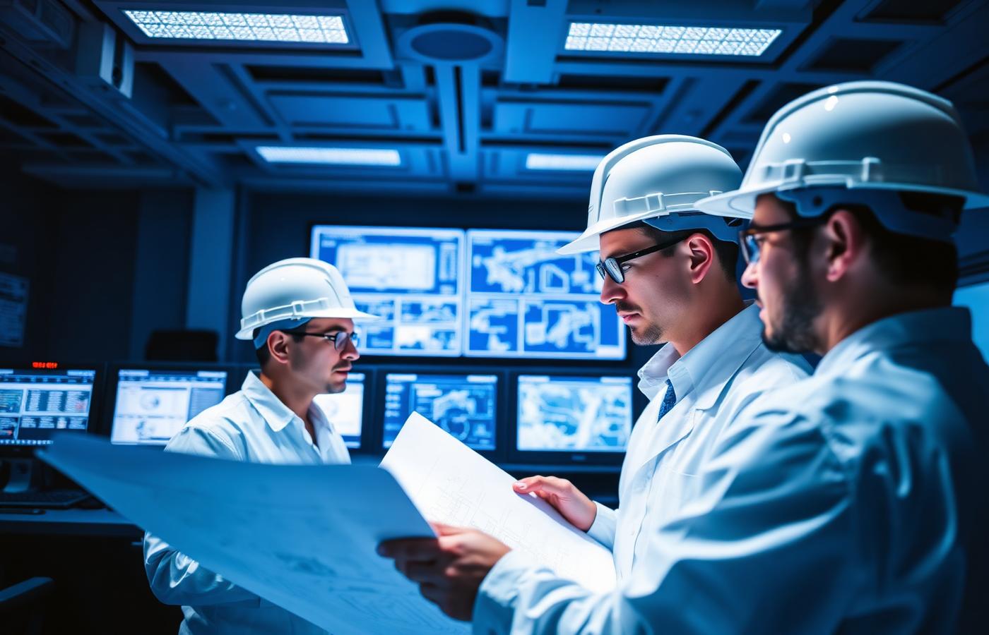 Equipe de engenharia analisando projeto industrial